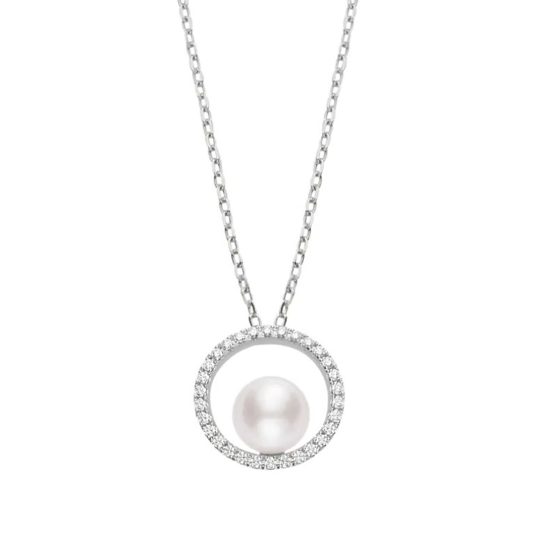 Akoya Cultured Circle Pearl Pendant with Diamonds - 18K White Gold