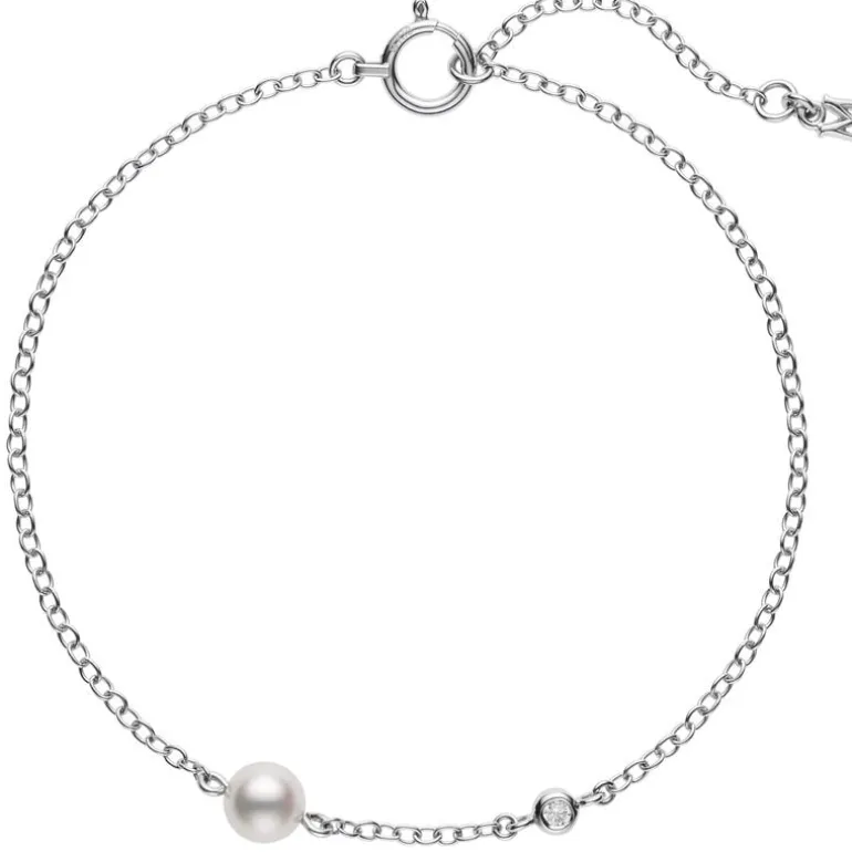 Akoya Cultured Pearl and Diamond Station Bracelet in 18K White Gold
