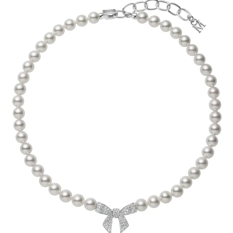 Akoya Cultured Pearl and Diamond Bow Charm Necklace in 18K White Gold