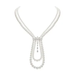 Akoya Cultured Pearl and Diamond Double Row Drop Necklace in 18K White Gold