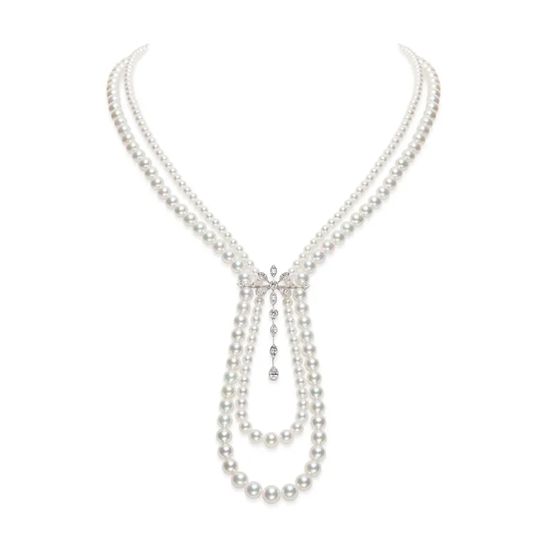 Akoya Cultured Pearl and Diamond Double Row Drop Necklace in 18K White Gold