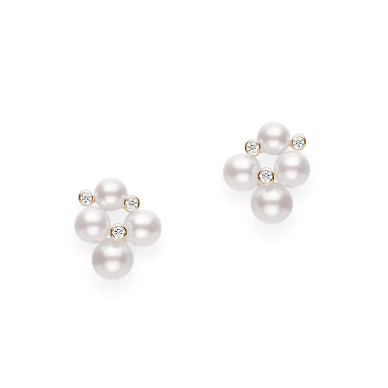 Akoya Cultured Pearl and Diamond Cluster Earrings in 18K Yellow Gold