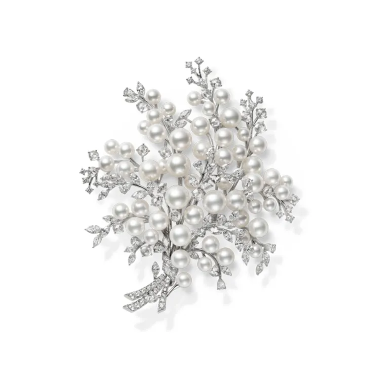 Akoya Cultured Pearl and Diamond Brooch set in 18K White Gold