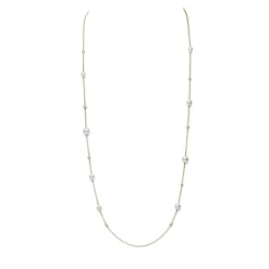 Akoya Cultured Pearl and Diamond Station Collection Necklace in 18K Yellow Gold – 31 Inch