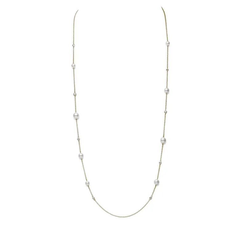 Akoya Cultured Pearl and Diamond Station Collection Necklace in 18K Yellow Gold – 31 Inch