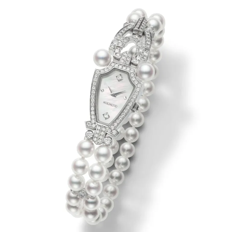Akoya Cultured Pearl and Diamond Double Row Watch Bracelet in 18K White Gold