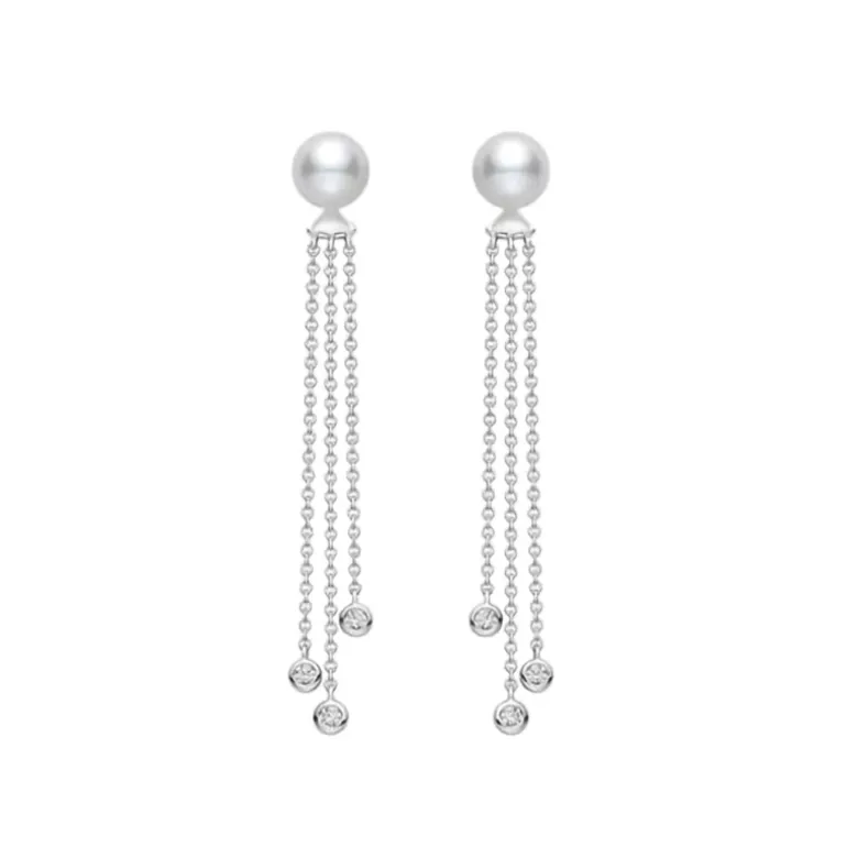 Akoya Cultured Pearl and Diamond Dangle Drop Earrings in 18K White Gold