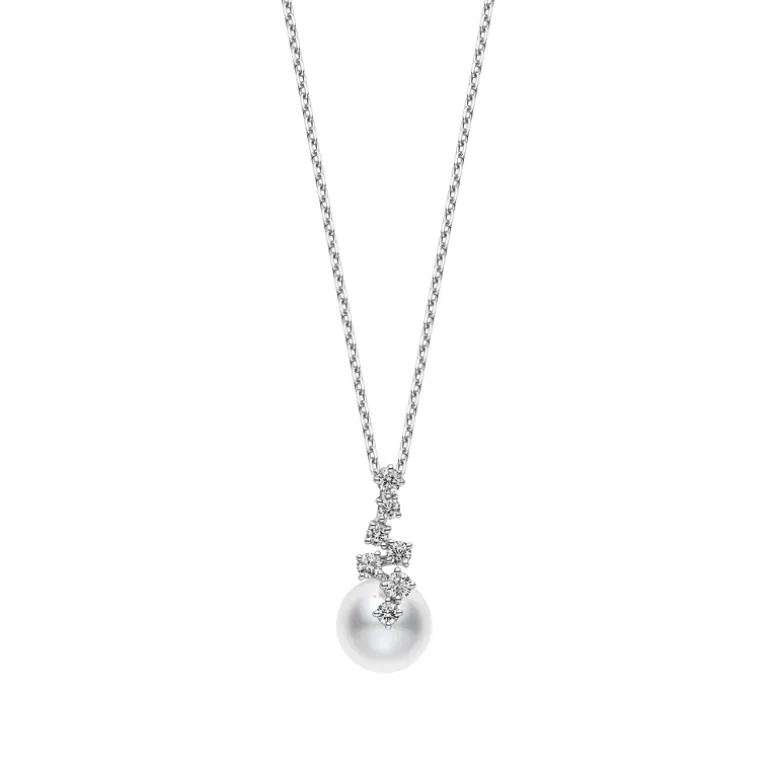Akoya Cultured Pearl and Diamond Drop Pendant in 18K White Gold