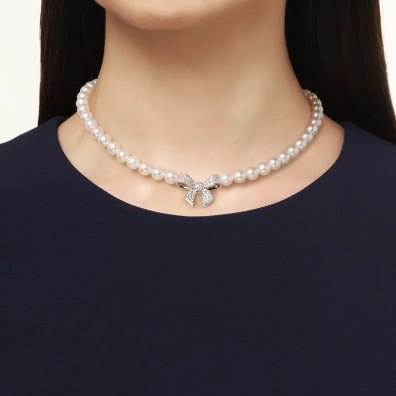 Akoya Cultured Pearl and Diamond Bow Charm Necklace in 18K White Gold