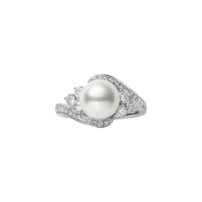 Akoya Cultured Pearl and Diamond Ring in 18K White Gold
