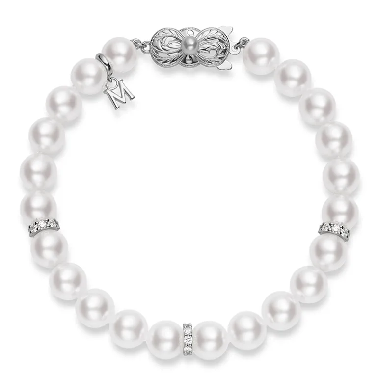 Akoya Cultured Pearl Bracelet with Diamond Rondelles in 18K White Gold