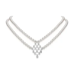 Akoya Cultured Pearl Double Row Necklace with Diamonds in 18K White Gold