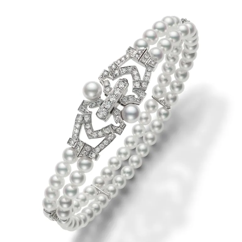 Akoya Cultured Pearl Double Strand Bracelet with Diamonds in 18K White Gold