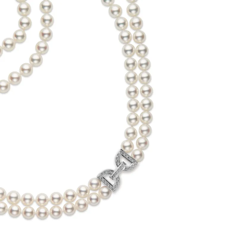 Akoya Cultured Pearl Double Strand Necklace with Diamond Clasp