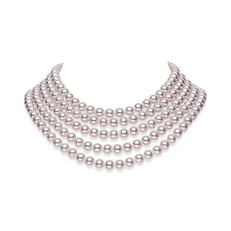 Akoya Cultured Pearl Five Row Strand Necklace with Diamond Clasp