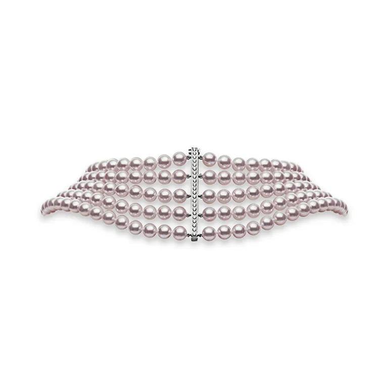 Akoya Cultured Pearl Five Row Strand Necklace with Diamond Clasp