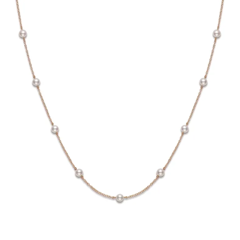 Akoya Cultured Pearl Station Necklace in Pink Gold