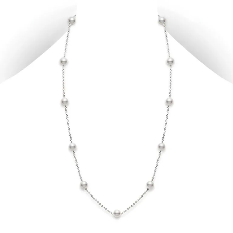 Akoya Cultured Pearl Station Necklace - 18K White Gold