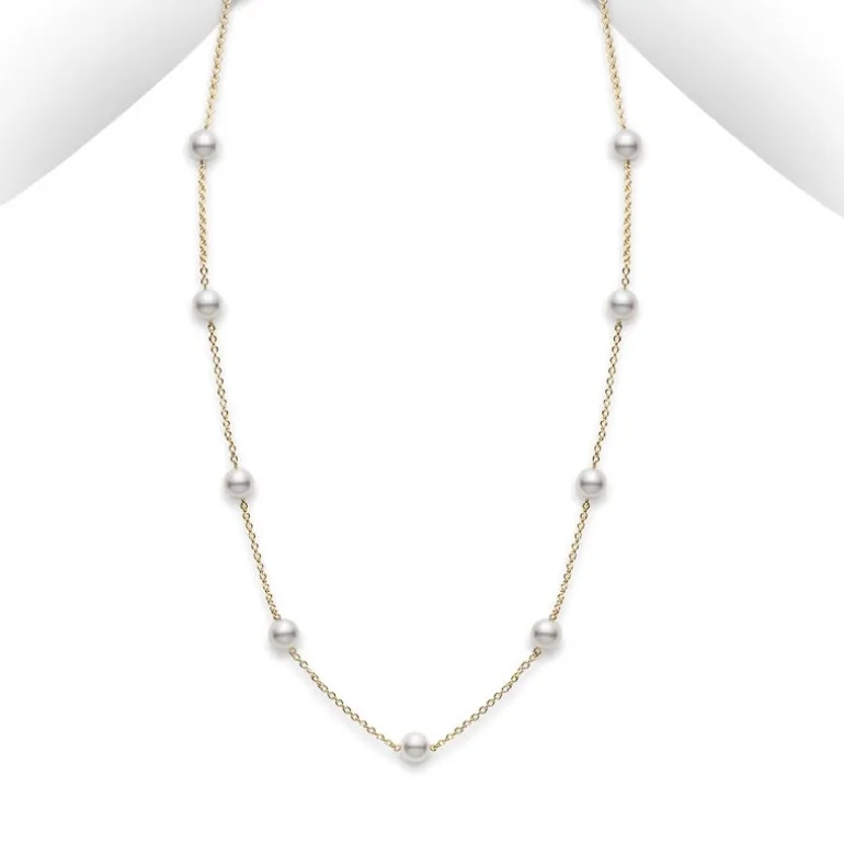 Akoya Cultured Pearl Station Necklace - 18K Yellow Gold