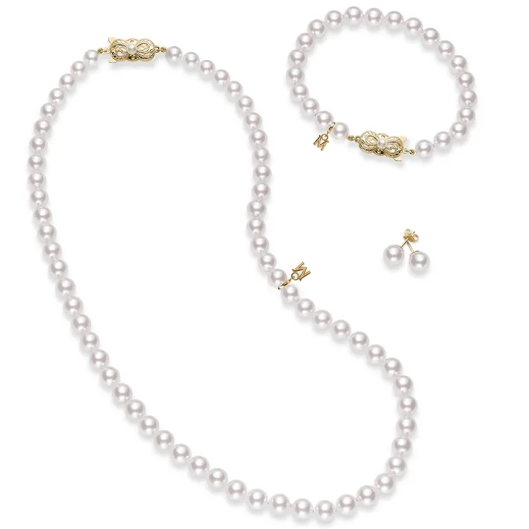Akoya Cultured Pearl Three Piece Set in 18K Yellow Gold