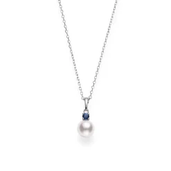 Akoya Cultured Single Pearl Pendant with Sapphire in 18K White Gold