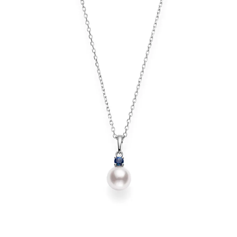Akoya Cultured Single Pearl Pendant with Sapphire in 18K White Gold
