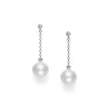 An elegant and modern drop-earring design that features a single Mikimoto cultured pearl and diamond on a white gold chain.