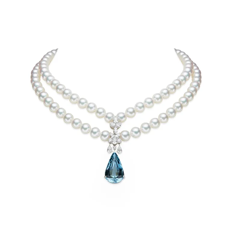 Aquamarine and Akoya Cultured Pearl Necklace with Diamonds in 18K White Gold
