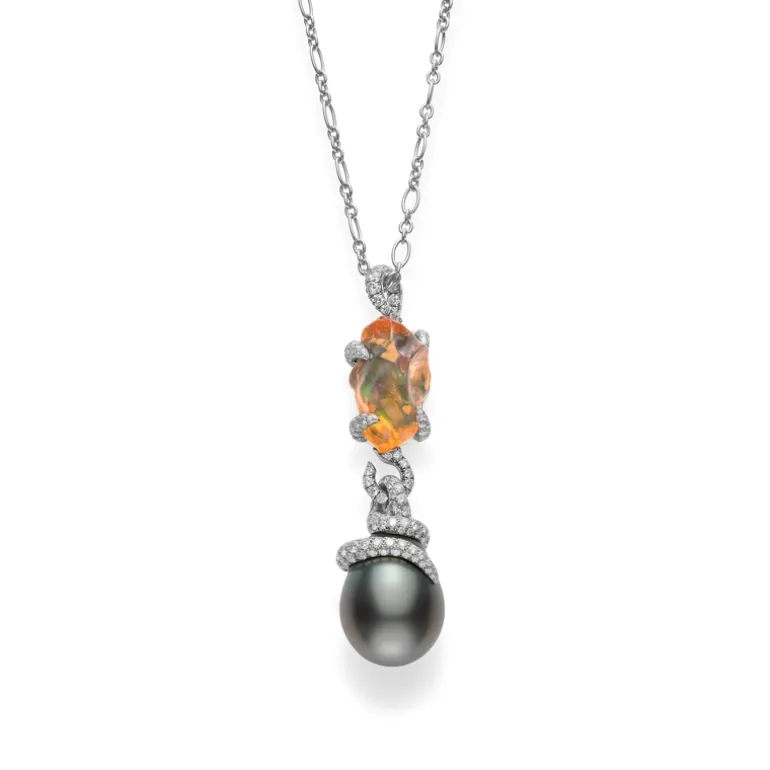Black South Sea Baroque Cultured Pearl And Opal Pendant