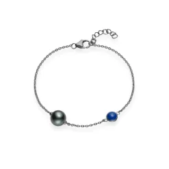 Black South Sea Cultured Pearl Single Pearl Bracelet with Blue Enamel in 18K White Gold