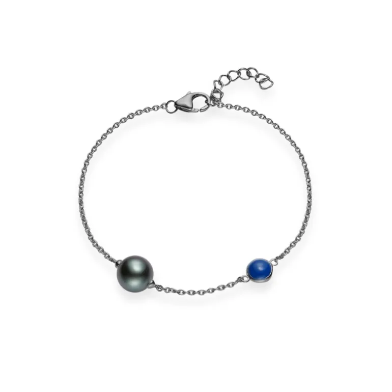 Black South Sea Cultured Pearl Single Pearl Bracelet with Blue Enamel in 18K White Gold