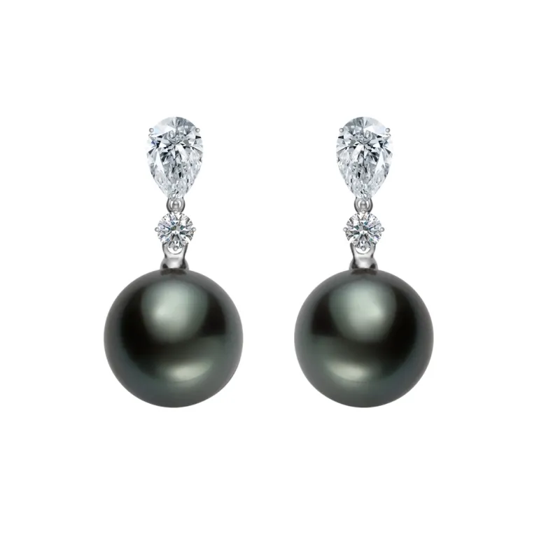 Black South Sea Cultured Pearl and Diamond Earrings in Platinum