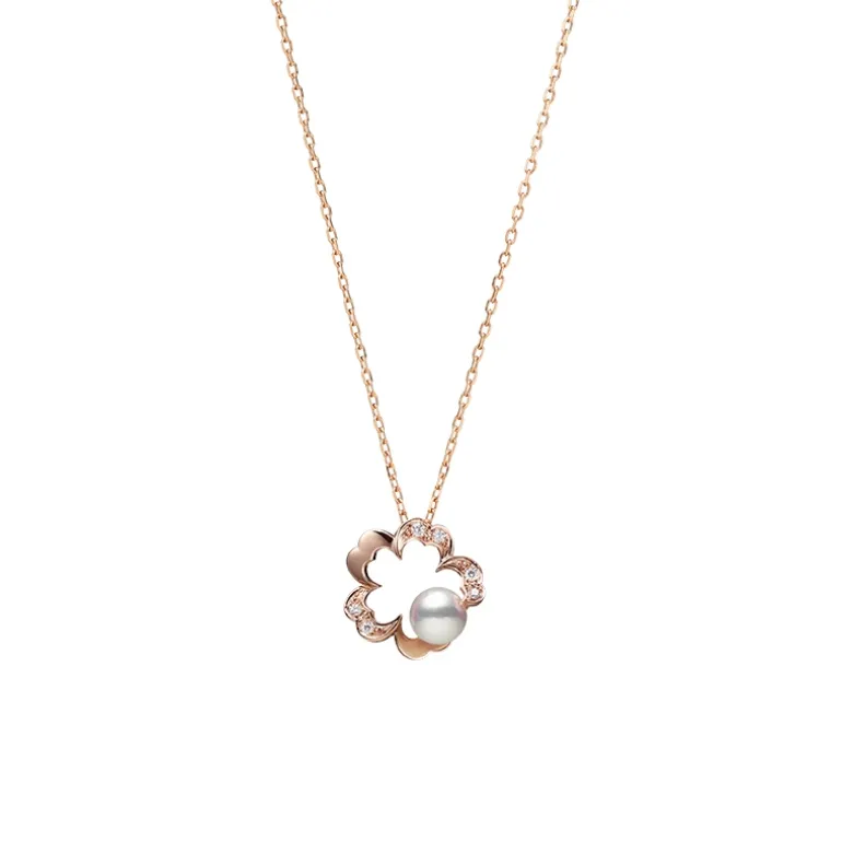 Cherry Blossom Akoya Cultured Pearl Pendant Necklace in Pink Gold