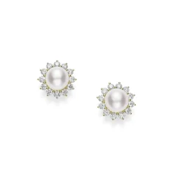 Classic Akoya Cultured Pearl Diamond Sunburt Earrings in 18K Yellow Gold