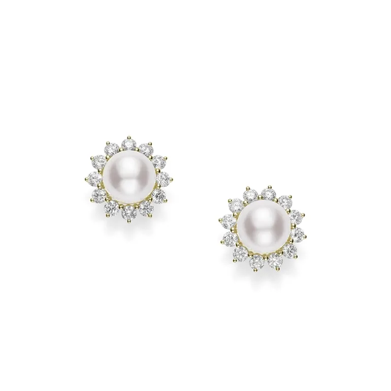 Classic Akoya Cultured Pearl Diamond Sunburt Earrings in 18K Yellow Gold