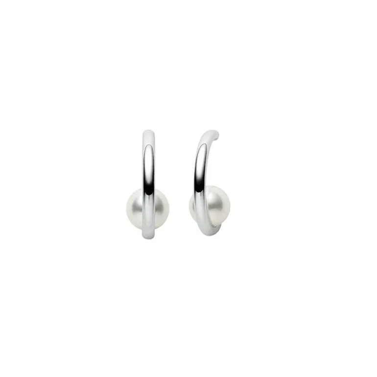 Classic Akoya Cultured Pearl Semi Hoop Earrings in White Gold