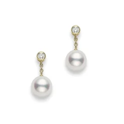 Classic Akoya Cultured Pearl and Diamond Drop Earrings in 18K Yellow Gold