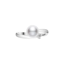 Classic Akoya Cultured Pearl Ring with Diamond in 18K White Gold