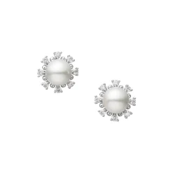 Classic Akoya Cultured Pearl and Diamond Earrings in 18K White Gold