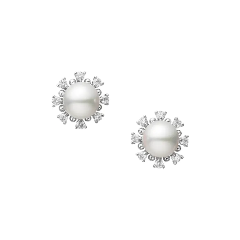 Classic Akoya Cultured Pearl and Diamond Earrings in 18K White Gold