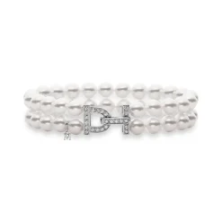 Classic Akoya Cultured Pearl Double Row Bracelet with Diamond Clasp