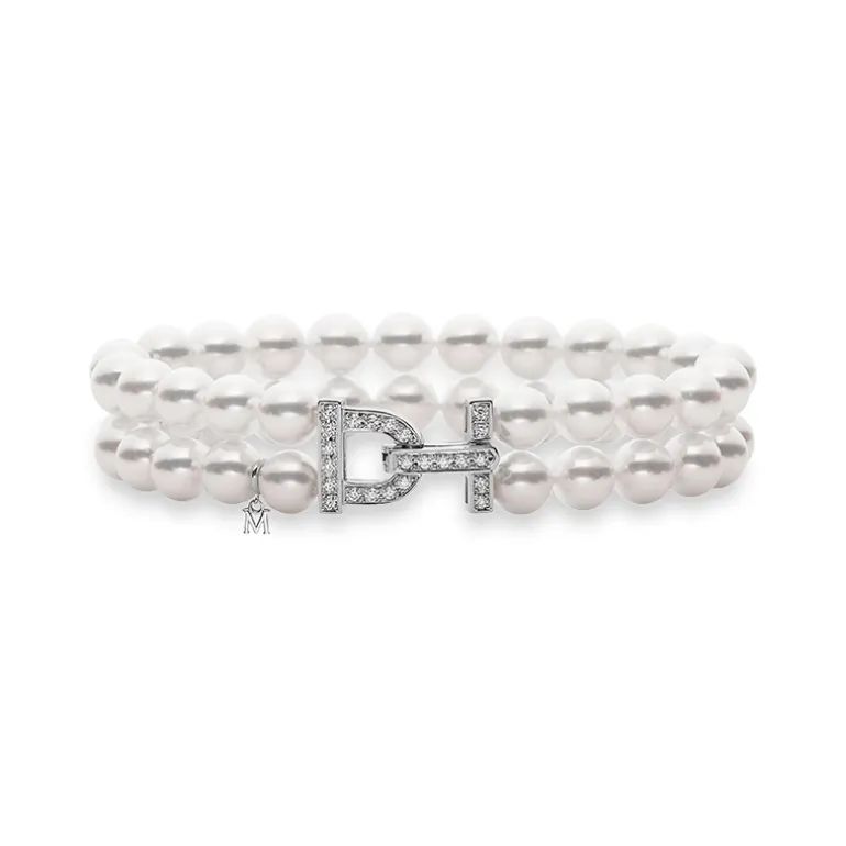 Classic Akoya Cultured Pearl Double Row Bracelet with Diamond Clasp