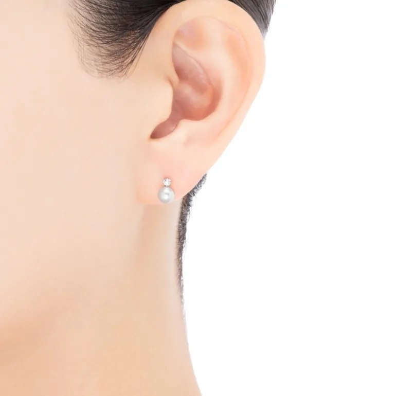 Classic Akoya Cultured Pearl Earrings with Diamond in 18K White Gold