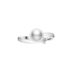 Classic Akoya Cultured Pearl Ring with Diamond in 18K White Gold