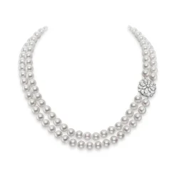 Classic Akoya Double Strand Necklace with Diamonds in 18K White Gold
