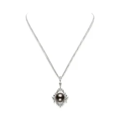 Classic Black Sea Pearl and Diamond Pendant in 18K White Gold