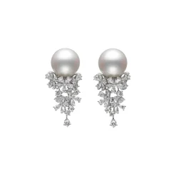 Classic White South Sea Cultured Pearl and Diamond Earrings in 18K White Gold