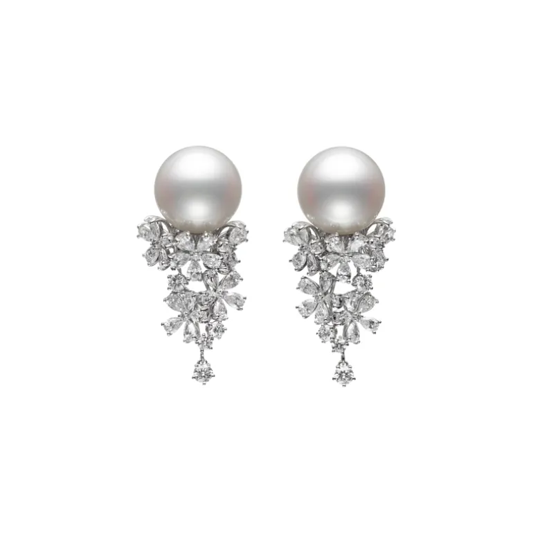 Classic White South Sea Cultured Pearl and Diamond Earrings in 18K White Gold