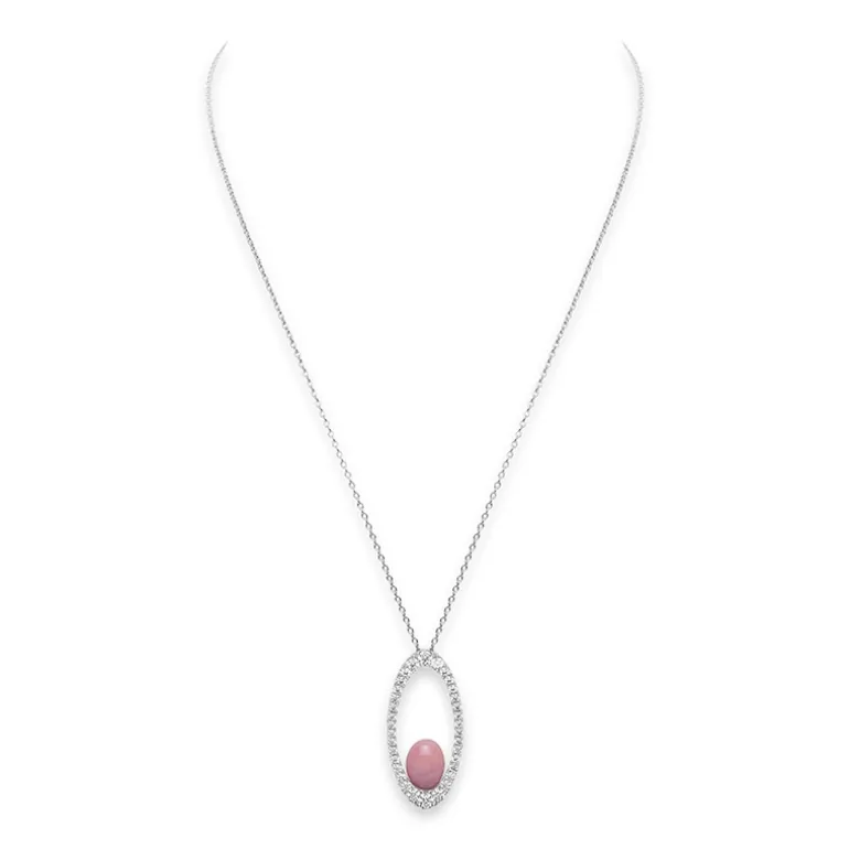 Conch and Diamond Oval Pendant Necklace in 18K White Gold