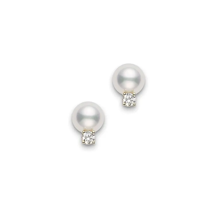 Cultured Pearl and Diamond Stud Earrings - Mikimoto